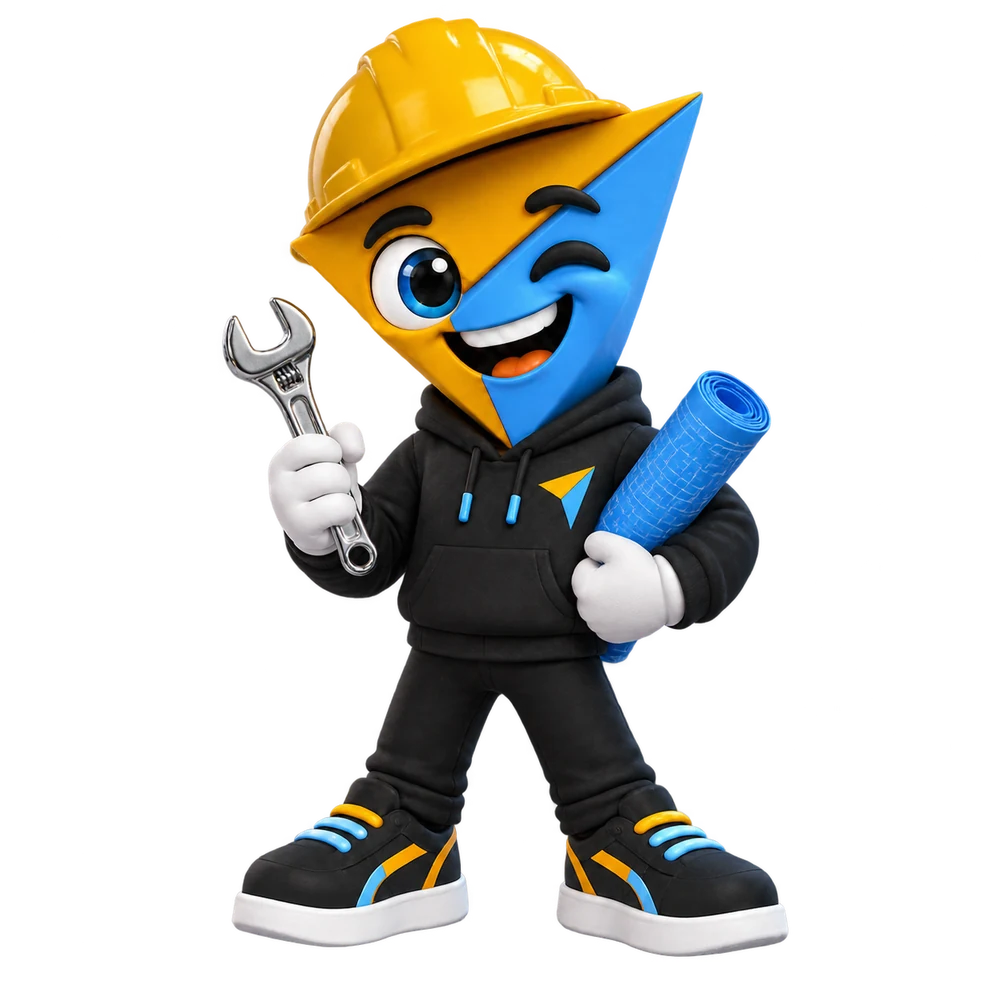 The Clickative mascot in a hard hat, holding a blueprint and a wrench