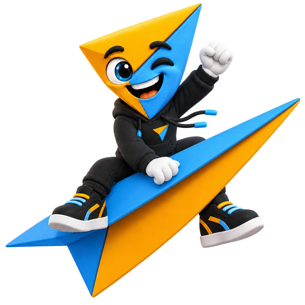 The Clickative mascot riding a paper plane
